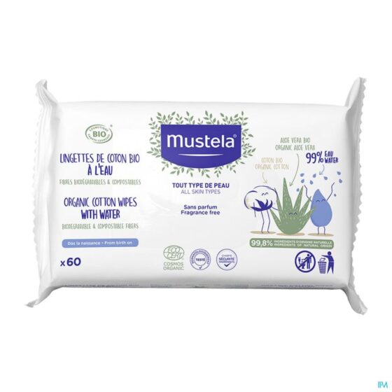 mustela lingettes de coton bio À l'eau 60 pieces